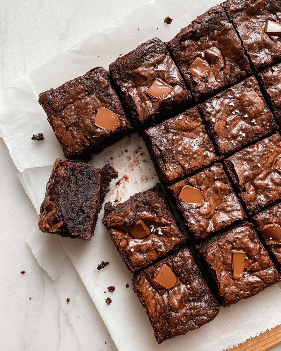 A batch of brownies cut into 16 squares rests on white parchment paper over a white marbled texture. The brownies are deep brown with a shiny, slightly cracked top layer and have pieces of lighter brown chocolate embedded throughout. The middle of one square is lifted, showing a dense and moist interior with rich chocolate color. Around the squares, there are small crumbs scattered lightly. photo taken with an iphone --ar 4:5 --v 7