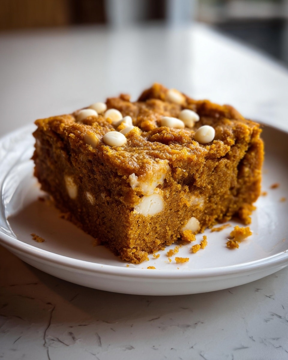 A square piece of thick pumpkin cake with a crumbly, moist texture sits in the center of a white plate. The cake is a warm orange-brown color with visible white chunks inside and several white chocolate chips studded on top, adding a contrast in color and texture. It has a slightly rough surface and soft edges, with some crumbs around the base. The plate rests on a white marbled surface, and natural light softly highlights the cake's rich color and details. photo taken with an iphone --ar 4:5 --v 7
