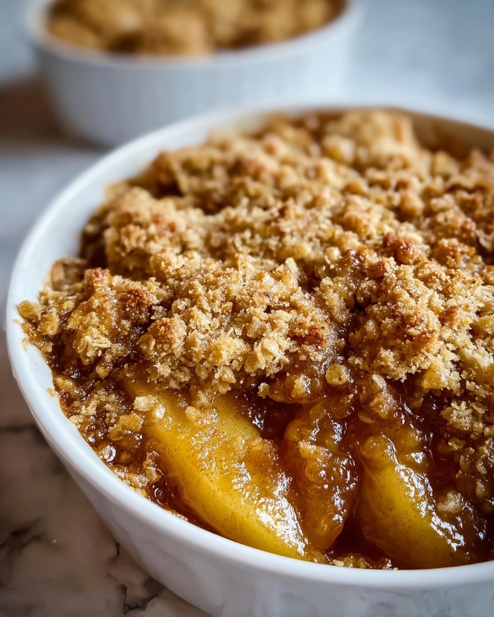 A close-up of a white bowl filled with a baked apple crumble dessert showing two main layers: the bottom layer contains cooked apple slices in a glossy, thick syrup with a warm golden-brown color, while the top layer is a crumbly, golden-brown oat and sugar topping with a rough texture and small peaks. The background shows a soft light and a white marbled surface underneath the bowl. photo taken with an iphone --ar 4:5 --v 7