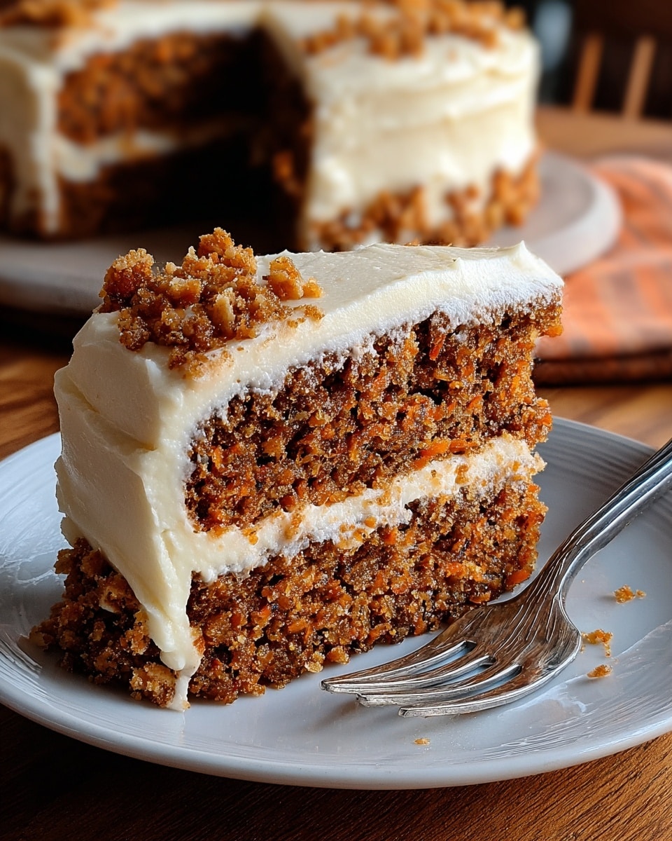 A slice of two-layer carrot cake sits on a white plate with a silver fork beside it. The bottom and top layers are dense and moist, with a rich brown color speckled with small bits as texture. Between and above the layers is thick, creamy white frosting, generously spread, creating clean, smooth surfaces. The top frosting layer is topped with small, crumbly pieces of cake as decoration. The plate rests on a warm-toned wooden surface with a blurred whole cake in the background. Photo taken with an iphone --ar 4:5 --v 7