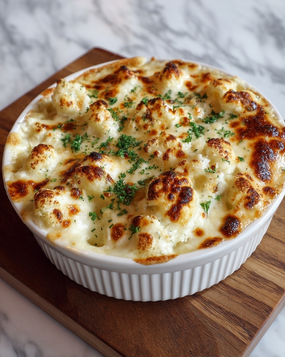 A round white ceramic dish filled with a baked dip that has a golden-brown, bubbly top layer with melted white cheese. The cheese layer is uneven, with small browned spots and scattered green herb pieces. Beneath the cheese, you can see a slightly red, saucy base peeking through around the edges. The dish rests on a folded red cloth on a white marbled surface. photo taken with an iphone --ar 4:5 --v 7