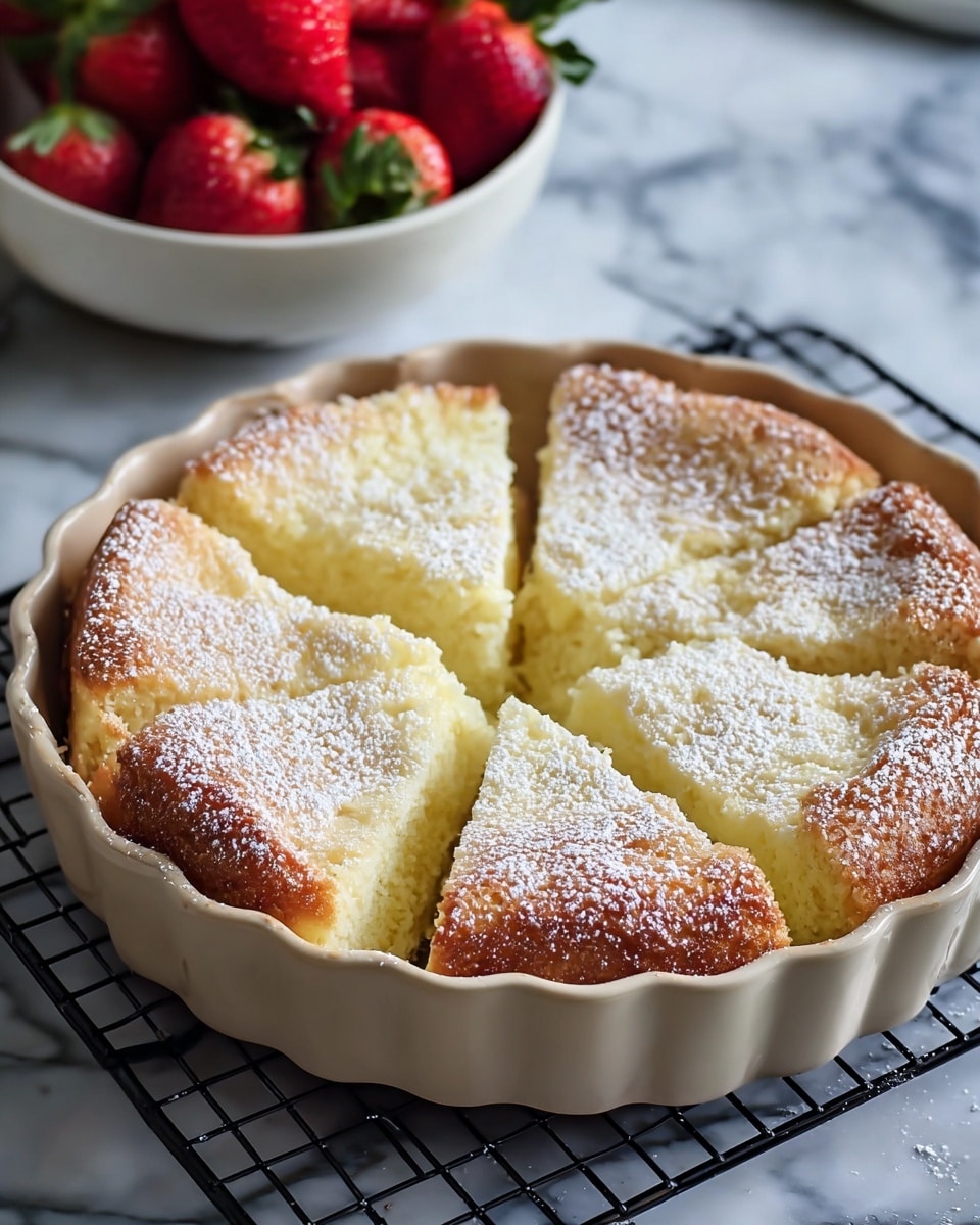 A thick, round cake with a golden-brown crust and a soft, pale yellow inside is cut into eight pieces, all inside a white ceramic baking dish with fluted edges. The cake is lightly dusted with white powdered sugar, creating a slightly textured surface. The dish rests on a black wire cooling rack, all against a white marbled surface. In the background, there is a white bowl filled with fresh, bright red strawberries with green leaves, adding a pop of color to the scene. photo taken with an iphone --ar 4:5 --v 7