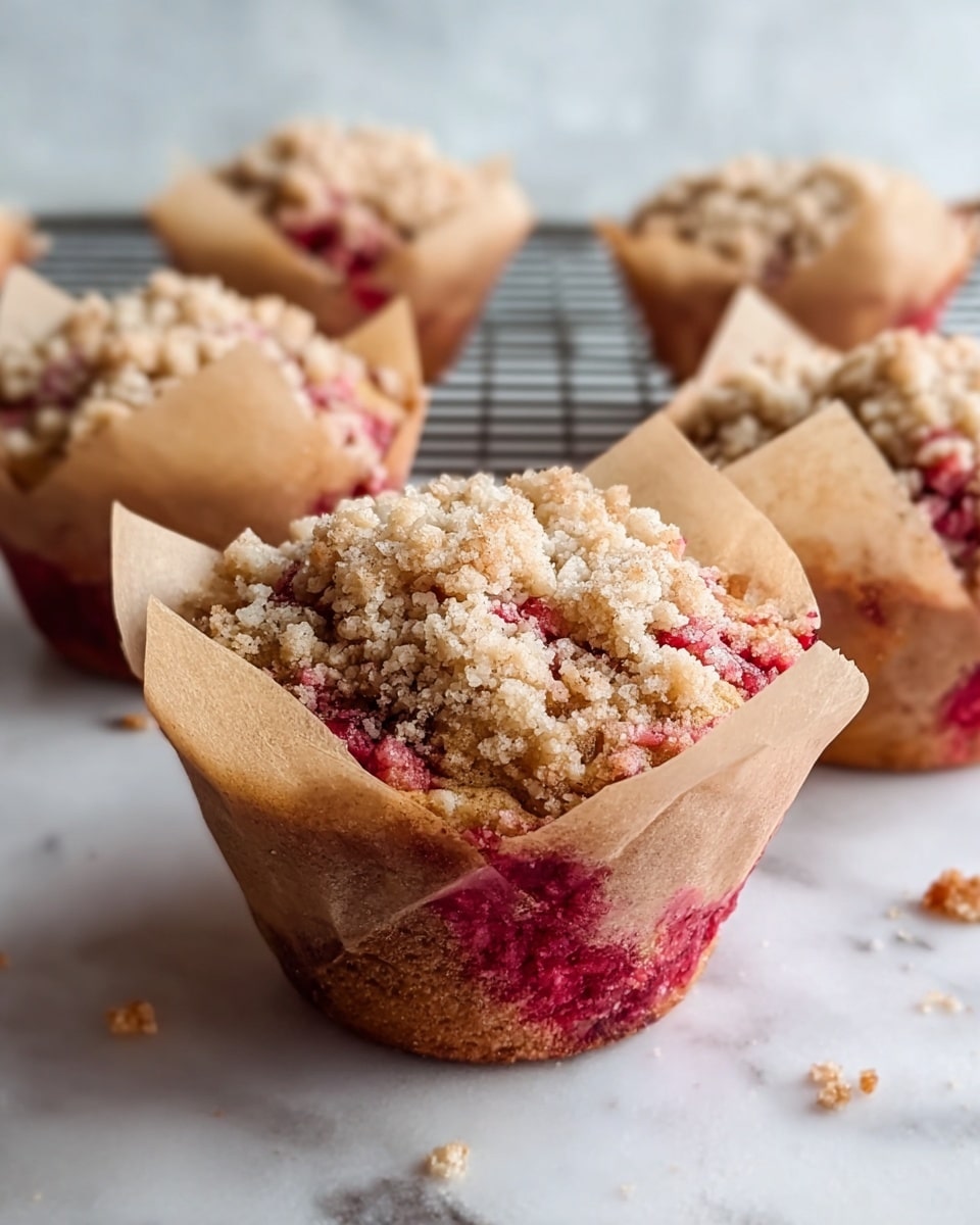The image shows several muffins wrapped in light brown parchment paper on a white marbled surface, with a wire rack blurred in the background. Each muffin has two visible layers: the bottom layer is a soft, moist cake with a reddish-pink color, and the top layer is a crumbly streusel topping made of light beige crumbs with some chunks scattered on top. The muffins have a slightly rough texture from the crumb topping and the paper folds around the muffin bases add a rustic feel. Some crumbs are scattered around the muffins on the marble surface, giving a natural and fresh look. photo taken with an iphone --ar 4:5 --v 7