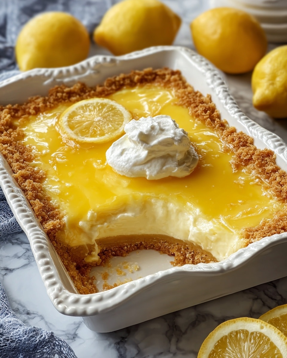 A rectangular white dish contains a lemon dessert with three visible layers. The bottom layer is a shiny, bright yellow lemon jelly filling that looks smooth and glossy. Above it is a soft, light yellow cake layer that appears moist and spongy. The top layer is a slightly darker yellow lemon curd with a creamy but slightly firm texture, covering the whole surface. The dessert has a raised, golden brown crust around the edges that looks crunchy and textured. A dollop of white whipped cream with a soft, airy texture sits near the center edge of the dessert. The dish is placed on a white marbled surface with whole yellow lemons nearby, and a vintage silver fork rests beside it. Photo taken with an iphone --ar 4:5 --v 7
