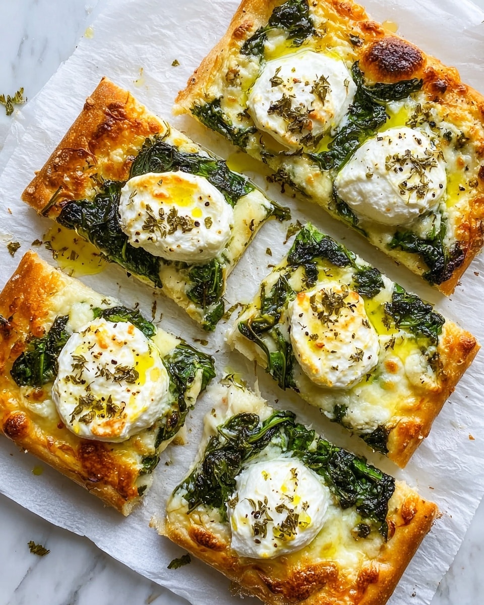 The image shows a white marbled surface with a wooden round board holding a pizza cut into six slices, with one slice slightly pulled away. The pizza has a thick, golden-brown crust with some bubbled, crispy spots. The base layer is a light white sauce topped with melted mozzarella cheese that looks creamy and slightly browned in spots. There are scattered dollops of soft white ricotta cheese and fresh green basil leaves spread evenly on top. The pizza has small red pepper flakes and a drizzle of golden olive oil over it, adding texture and color contrast. Photo taken with an iphone --ar 4:5 --v 7