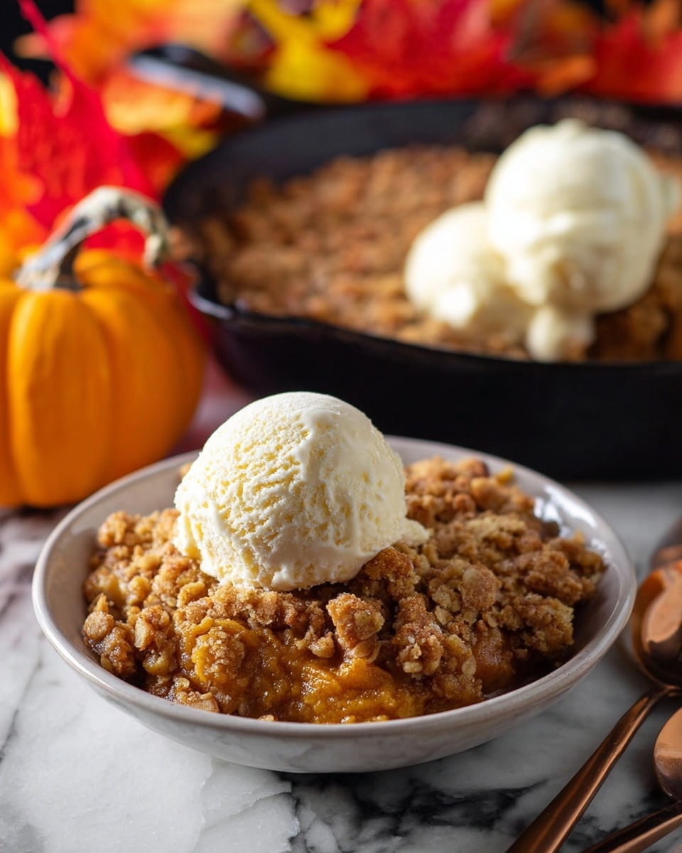 A close-up of a dessert served in a white bowl with a crumbly, golden brown streusel topping that looks crunchy and textured, underneath is a warm, soft, orange pumpkin filling. On top of this dessert is a single scoop of smooth, pale vanilla ice cream with slight melting edges. In the background, there is a black cast iron skillet filled with the same dessert and three more scoops of melting ice cream on top. The scene is set with colorful autumn leaves in red, orange, and yellow tones around the skillet, along with a small pumpkin on the left. The surface is white marbled texture. photo taken with an iphone --ar 4:5 --v 7