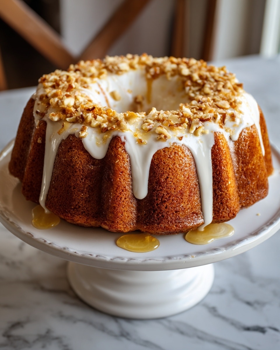 A golden brown bundt cake sits on a white cake stand, featuring a thick layer of smooth white glaze dripping down its sides. The glaze is topped with a generous sprinkling of chopped nuts and a light drizzle of honey or syrup, creating a shiny, textured finish. The cake has a defined ring shape with distinct ridges, and some glaze has dripped onto the white marbled surface beneath. The background is softly blurred, giving focus to the cake's rich colors and textures. photo taken with an iphone --ar 4:5 --v 7