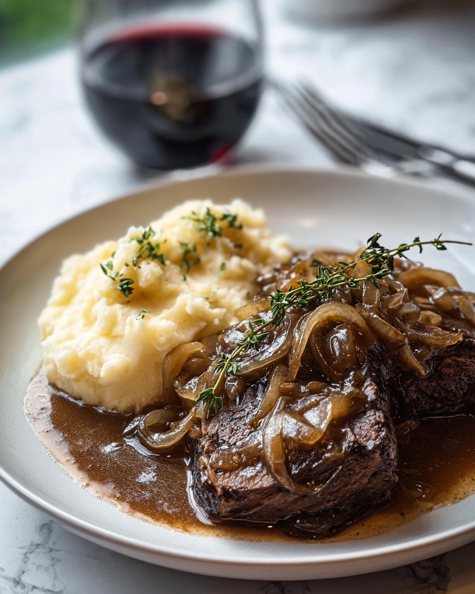 A white plate holds a layered dish with two main parts, set on a white marbled surface. On the left side, there are two scoops of creamy beige mashed potatoes garnished with small sprigs of green thyme. To the right, there are two thick slices of dark brown cooked meat covered with a glossy brown sauce filled with cooked translucent onion slices. Fresh thyme sprigs lie on top of the meat, adding texture and color. In the blurred background, there is a glass filled with dark red wine and a fork resting on the edge of the plate. photo taken with an iphone --ar 4:5 --v 7