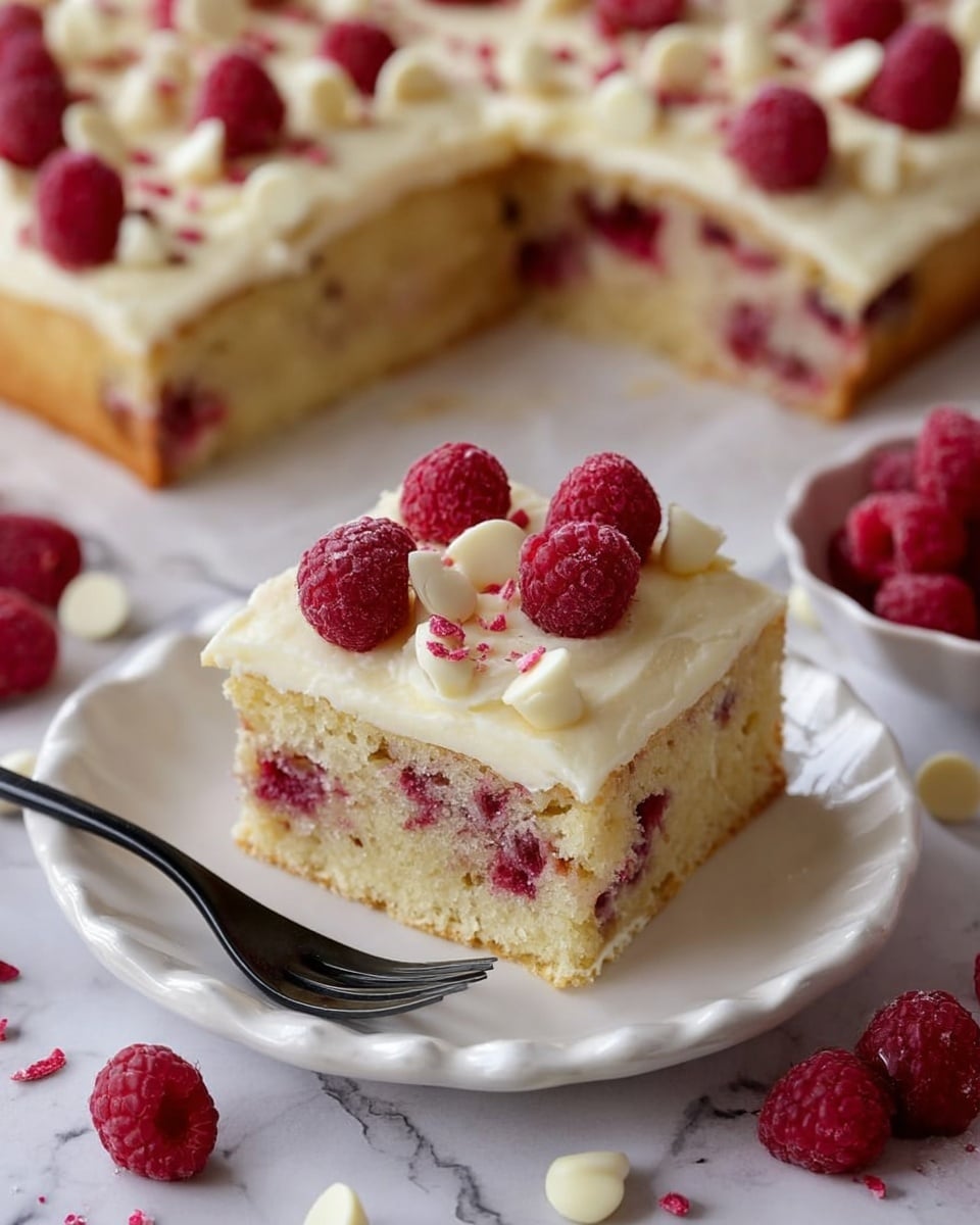 A square piece of light yellow cake with visible red raspberries inside rests on a white scalloped plate. The cake has two layers: a moist cake base with raspberries embedded in it, and a thick creamy white frosting layer on top. The frosting is decorated with whole red raspberries, small white chocolate chips, and tiny red bits scattered evenly. The plate sits on a white marbled surface with a black fork beside the cake. More raspberries and white chocolate chips are scattered around the plate. In the background, there is a larger rectangular cake with the same frosting and raspberry decoration partially cut. photo taken with an iphone --ar 4:5 --v 7