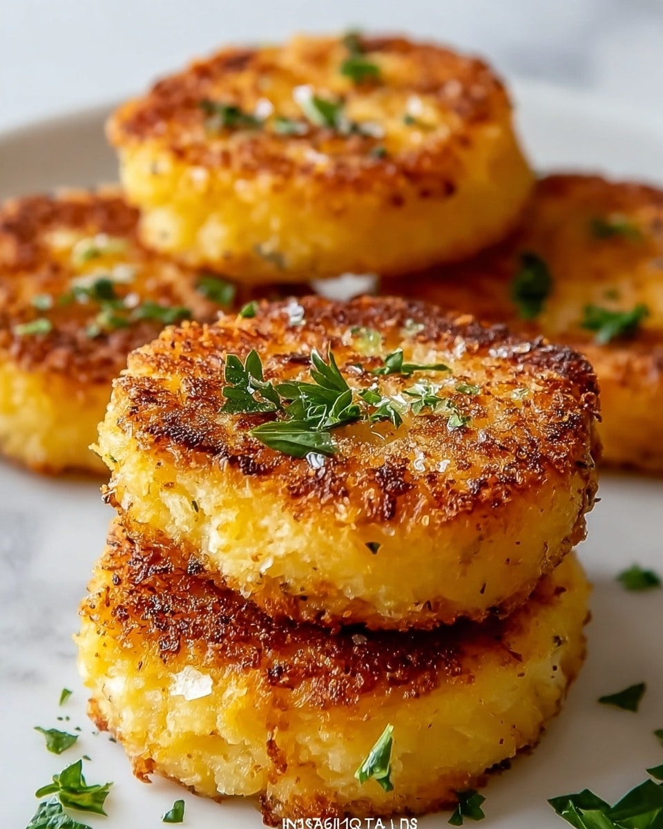 The image shows four round, golden-brown crispy cakes with a crunchy texture on the outside and soft inside visible in some parts. Each cake is about one layer thick, slightly rough on the edges, and has small bits of green parsley sprinkled on top and around them. The cakes sit on a white marbled surface that adds a clean, bright look to the photo. The color range spans warm yellows and light browns with tiny green highlights from the parsley. photo taken with an iphone --ar 4:5 --v 7