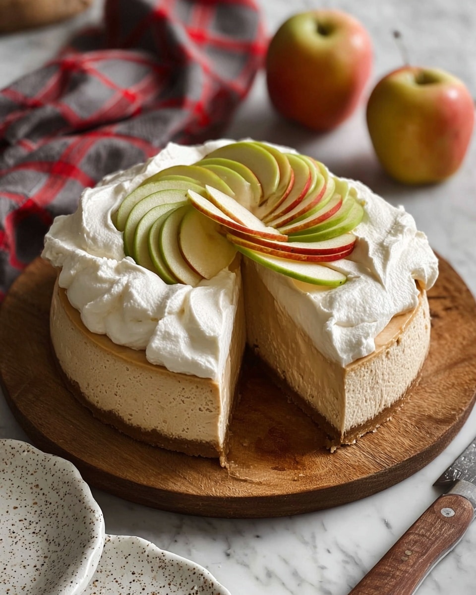 A round cheesecake with a thick, light brown base and a dense smooth light tan filling sits on a wooden board. On top, there is a large layer of fluffy white whipped cream spread unevenly, creating soft peaks. Covering the cream is a decorative fan of thinly sliced green and red apple pieces forming a layered flower shape in the center. A slice is cut out, revealing the filling’s smooth texture. In the background, there are two whole apples and a red and gray checkered cloth. In the lower foreground, part of a white speckled plate and a knife with a wooden handle are visible, all placed on a white marbled surface. photo taken with an iphone --ar 4:5 --v 7