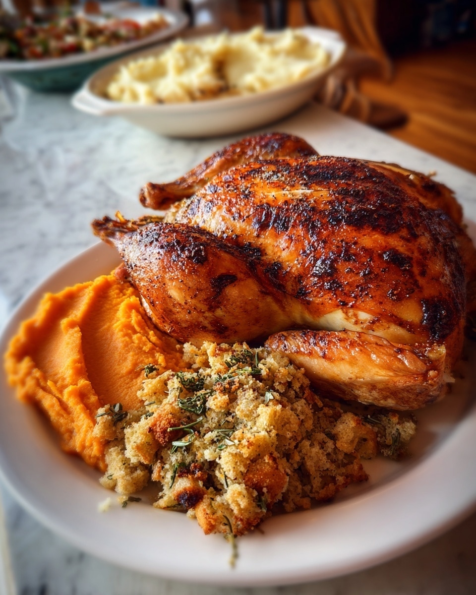 A large roasted whole chicken with golden brown, crispy skin takes up most of a white plate. To the left of the chicken is a smooth mound of bright orange mashed sweet potatoes, and below it is a portion of stuffing with a crumbly texture, made of light brown bread and specks of green herbs. The plate sits on a white marbled surface, and in the background, there is a blurred view of another white dish filled with mashed potatoes and stuffing. photo taken with an iphone --ar 4:5 --v 7