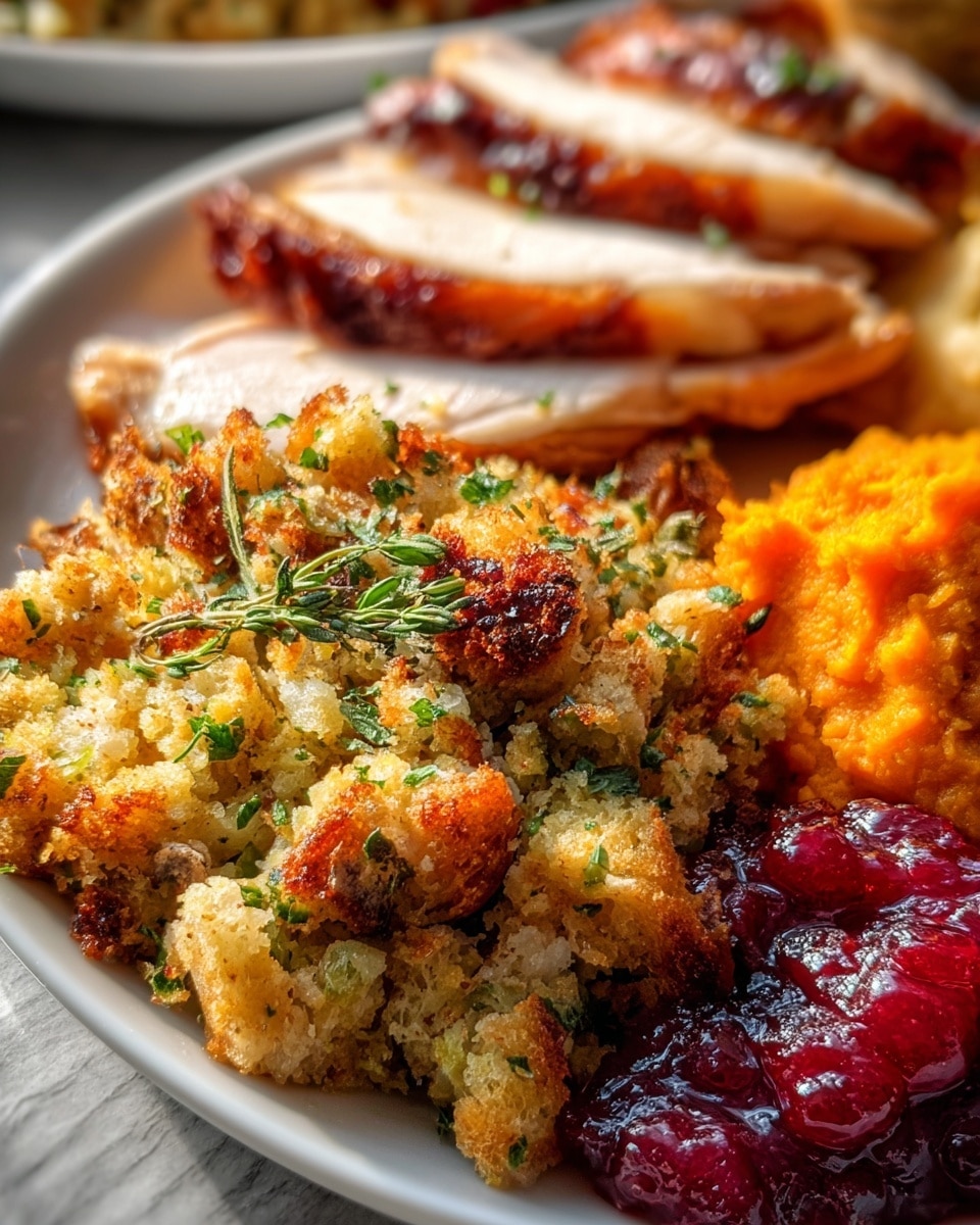 The dish shows three main layers arranged closely on a white plate with a white marbled surface beneath. The front layer is golden brown stuffing with a crumbly texture, mixed with green herb bits and small chunks, creating a rough, uneven surface. Behind the stuffing are two thick slices of roasted turkey with a slightly crispy, shiny golden-brown skin on top and juicy, white cooked meat inside. To the right of the turkey, there are two small mounds of bright orange mashed sweet potatoes with a smooth, creamy texture and a slightly wavy top, and next to them is a deep red, glossy cranberry sauce with a shiny, jelly-like texture and some visible whole berries. photo taken with an iphone --ar 4:5 --v 7