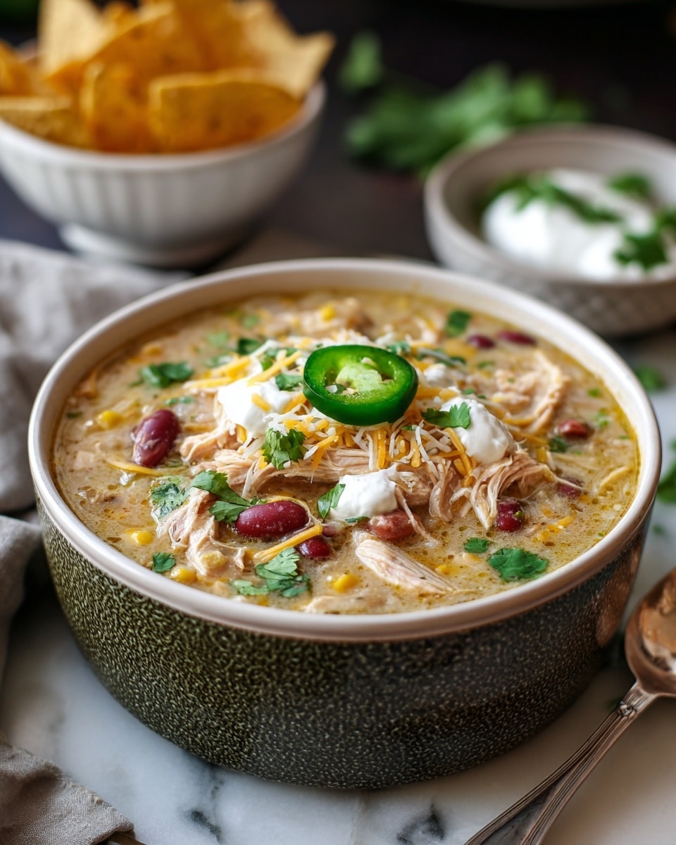 A bowl filled with creamy chicken soup showing three main visible layers: a base layer of light yellow broth mixed with small red kidney beans and corn kernels, a middle layer of shredded light brown chicken pieces scattered within the soup, and a top layer adorned with white shredded cheese, fresh green cilantro leaves, two small dollops of sour cream, and a single round slice of bright green jalapeño pepper placed in the center. The bowl is white with a textured dark brown and greenish exterior, sitting on a white marbled surface. In the background, there are two white bowls, one holding golden tortilla chips and the other filled with white sour cream garnished with cilantro. A woman's hand is not visible but implied nearby with a silver spoon resting beside the bowl. Photo taken with an iphone --ar 4:5 --v 7