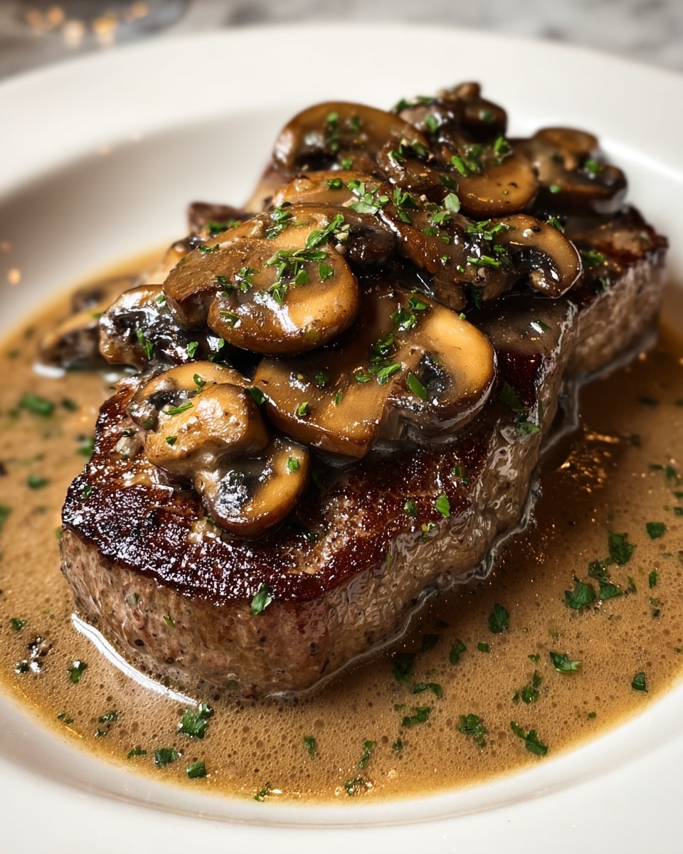 A thick, juicy steak with a seared brown crust sits in the center of a white plate. On top of the steak, there are several slices of cooked mushrooms, browned and glossy with sauce. The sauce is light brown and covers the steak as well as the plate's base, with small chopped green herbs sprinkled over the mushrooms, steak, and sauce. The dish is displayed on a white marbled texture surface. photo taken with an iphone --ar 4:5 --v 7