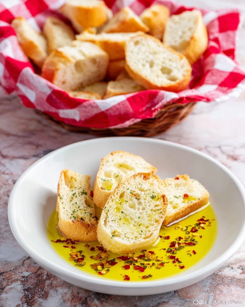 The image shows a white plate with three pieces of sliced baguette bread placed on top of a shallow pool of golden olive oil mixed with red chili flakes and green herbs, with the bread slices having a light golden crust and soft airy inside. Behind the plate, there is a basket lined with a red and white checkered cloth, filled with many pieces of the same sliced baguette bread, creating a warm and inviting scene. The background is a white marbled texture that highlights the colors of the bread and oil. photo taken with an iphone --ar 4:5 --v 7