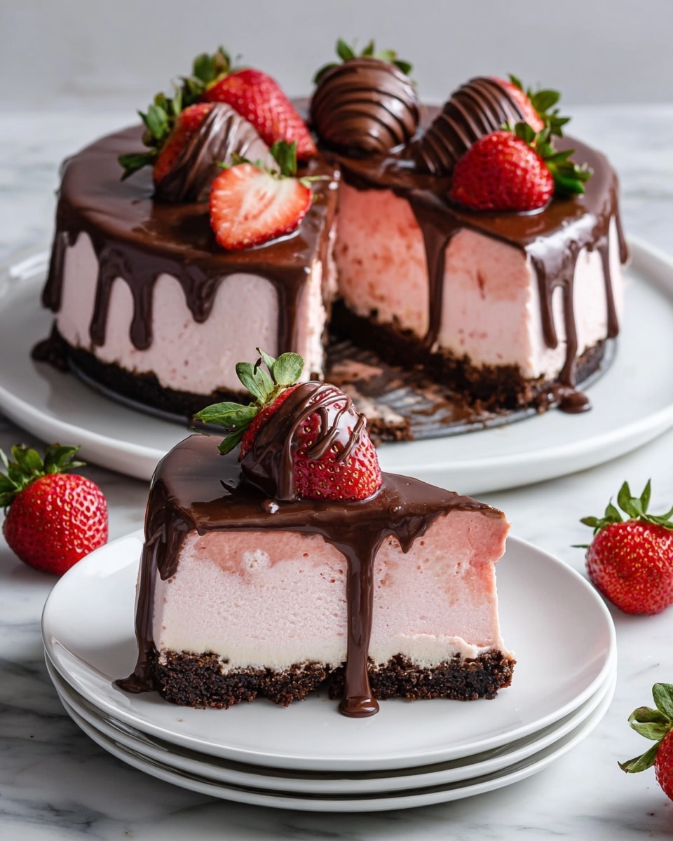 A rich, three-layer strawberry cheesecake is shown with one slice removed. The bottom layer is a dark brown crust, topped by a thick, smooth light pink cheesecake layer. The top layer is a shiny dark chocolate glaze that drips down the sides unevenly. Fresh strawberries and chocolate-covered strawberries are placed on top of the cake and on the slice. The whole cake and slice are served on simple white plates, set on a white marbled surface with a few extra strawberries scattered around. Photo taken with an iphone --ar 4:5 --v 7