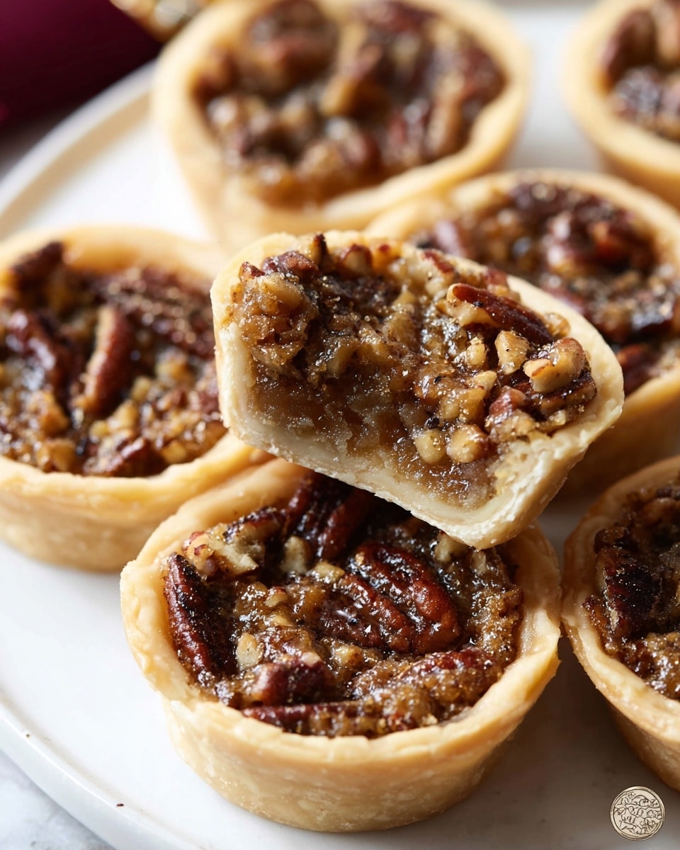 The image shows several small pecan tarts arranged closely on a white plate, placed on a white marbled surface. Each tart has a light golden-brown crust forming the base and sides. The top layer is filled with a glossy, sticky filling mixed with toasted pecan halves and pieces that are dark brown with a rough texture. One tart is cut in half and positioned upright to show its inside layers: the crust is thin and flaky, and the filling looks gooey and dense with visible pecan pieces. The background has a soft focus, making the tarts look warm and inviting. photo taken with an iphone --ar 4:5 --v 7