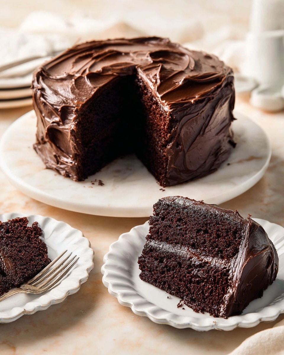 A two-layer chocolate cake is shown on a round white marble board, with a thick, rich, and glossy dark chocolate frosting spread in thick waves over the top and sides. One slice is cut out, revealing moist, dense, dark chocolate cake layers with a smooth, creamy chocolate filling in between. Two plates with white scalloped edges hold slices of the cake, showing the layered texture and dark chocolate frosting coating each slice. The scene is set on a white marbled textured surface with soft warm lighting. Photo taken with an iphone --ar 4:5 --v 7