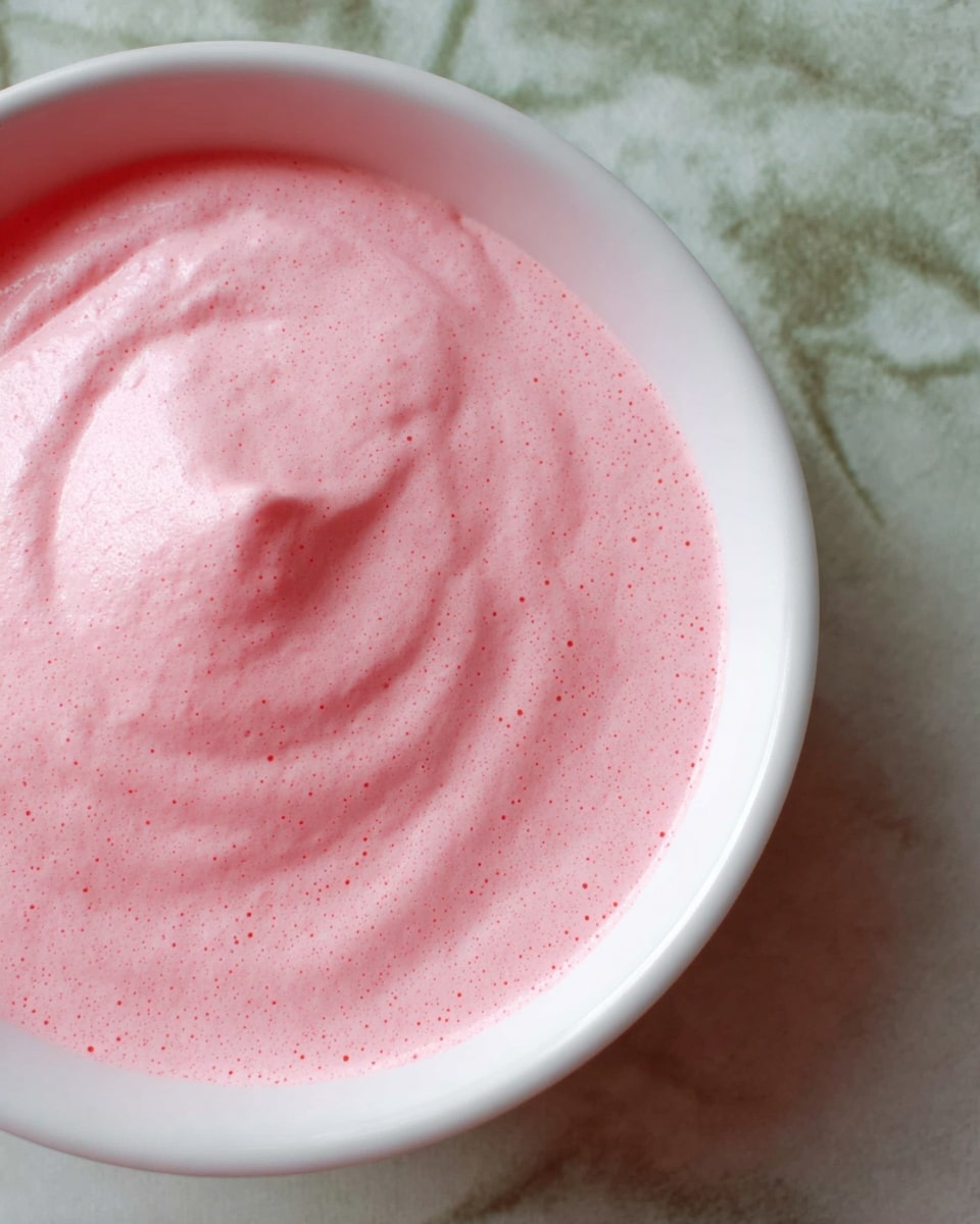 A close-up of a white bowl filled with a smooth, light pink whipped mousse that has subtle air bubbles and soft swirls on the surface, placed against a white marbled texture background partly visible at the edge of the bowl. photo taken with an iphone --ar 4:5 --v 7