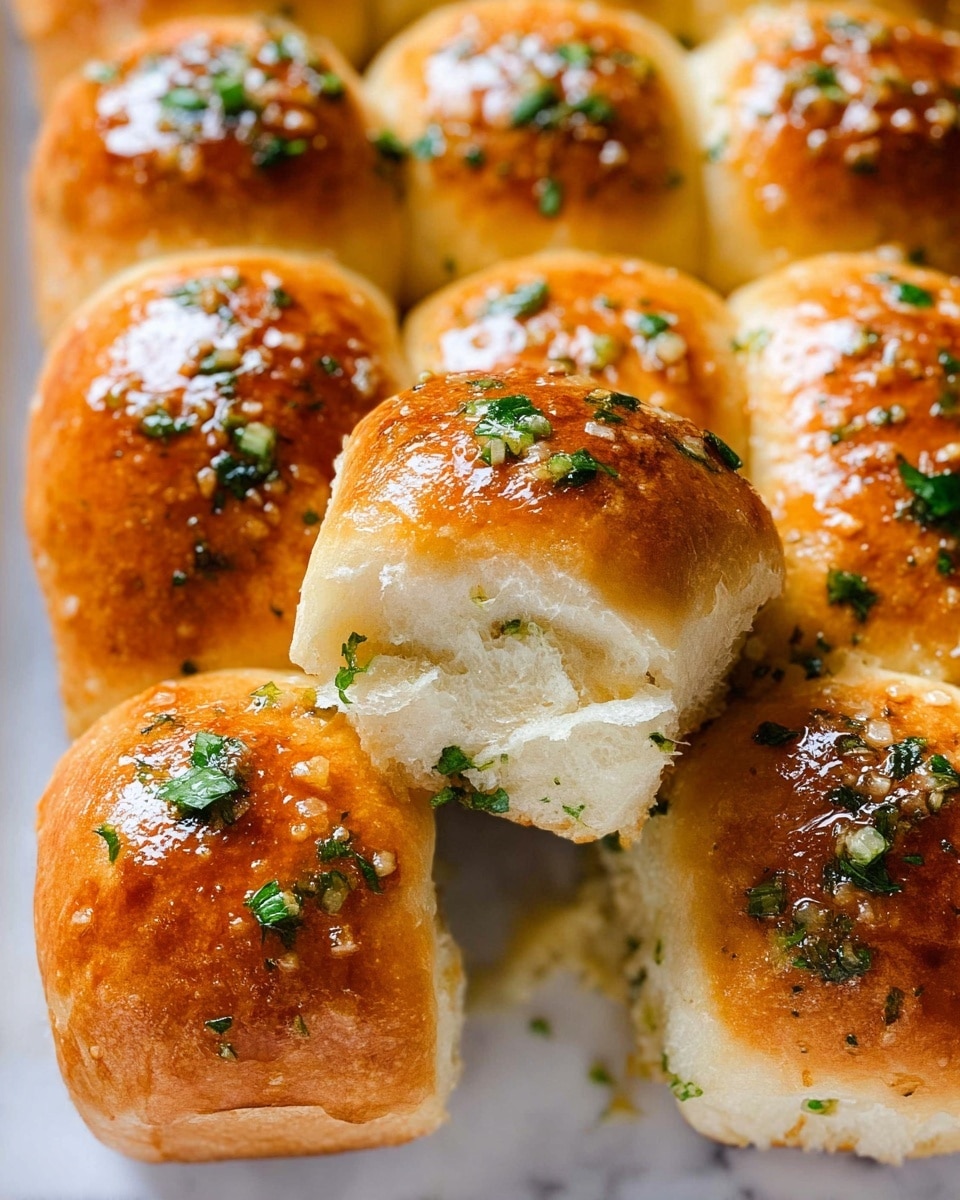 The image shows a close-up of a batch of soft garlic rolls, about nine in total, arranged closely together on a white marbled surface. Each roll has a shiny golden brown top with a slightly uneven texture, sprinkled with small pieces of green parsley and bits of minced garlic, giving a fresh herb look. One roll near the center is pulled slightly away, showing the fluffy and light white inside with tiny herbs mixed into the bread. The rolls have a smooth and slightly glossy crust with a brushed butter finish that glistens in the light. photo taken with an iphone --ar 4:5 --v 7