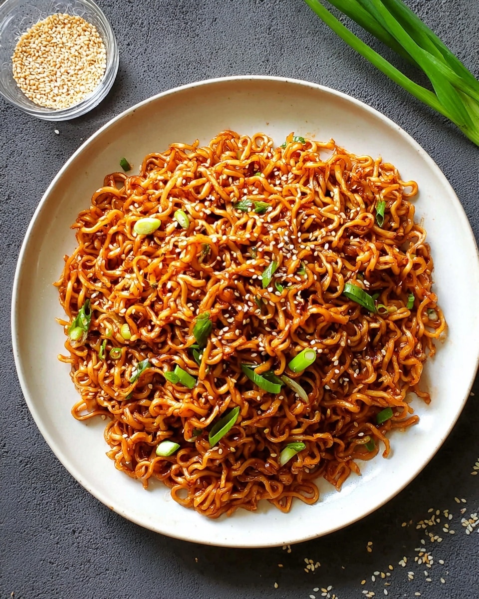 A large white plate holds a single layer of cooked curly noodles coated in a reddish-brown sauce that gives them a glossy, slightly oily look. The noodles are sprinkled with small white sesame seeds scattered evenly across the top. Small pieces of chopped green onions add sharp green pops of color throughout the noodles. A small glass bowl with more sesame seeds sits in the top left corner on a white marbled textured surface, along with a few loose seeds scattered nearby. Thin green leaves extend from the top right side of the image. photo taken with an iphone --ar 4:5 --v 7