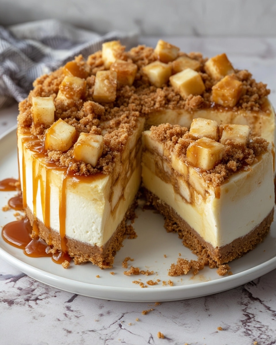 A round cheesecake is shown on a white plate with three main visible layers: the bottom crust is golden brown and crumbly, the middle layer is creamy and pale yellow, and the top layer is a thick white cheesecake with a smooth texture. The top is decorated with small cubes of golden brown baked apple pieces and a generous sprinkle of crumbly streusel in a light brown color. Caramel sauce is drizzled over the top and sides, adding a shiny amber contrast. A slice has been cut out, revealing the layers clearly, with crumbs scattered on the plate and caramel drips around the slice. The background shows a white marbled texture surface. photo taken with an iphone --ar 4:5 --v 7