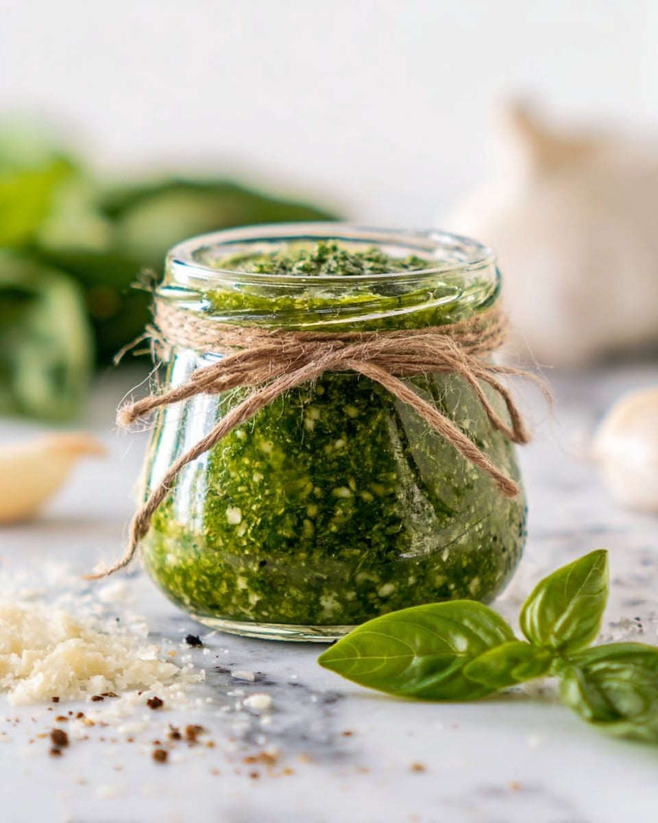 A small glass jar filled with bright green pesto sauce, showing a textured mix of finely chopped herbs and oil, tied around the middle with a simple brown twine bow. The jar sits on a white marbled surface with some scattered black pepper and grated cheese bits nearby. In front of the jar, there are two fresh, dark green basil leaves. The background is softly blurred with hints of garlic, leafy herbs, and a white cup. photo taken with an iphone --ar 4:5 --v 7