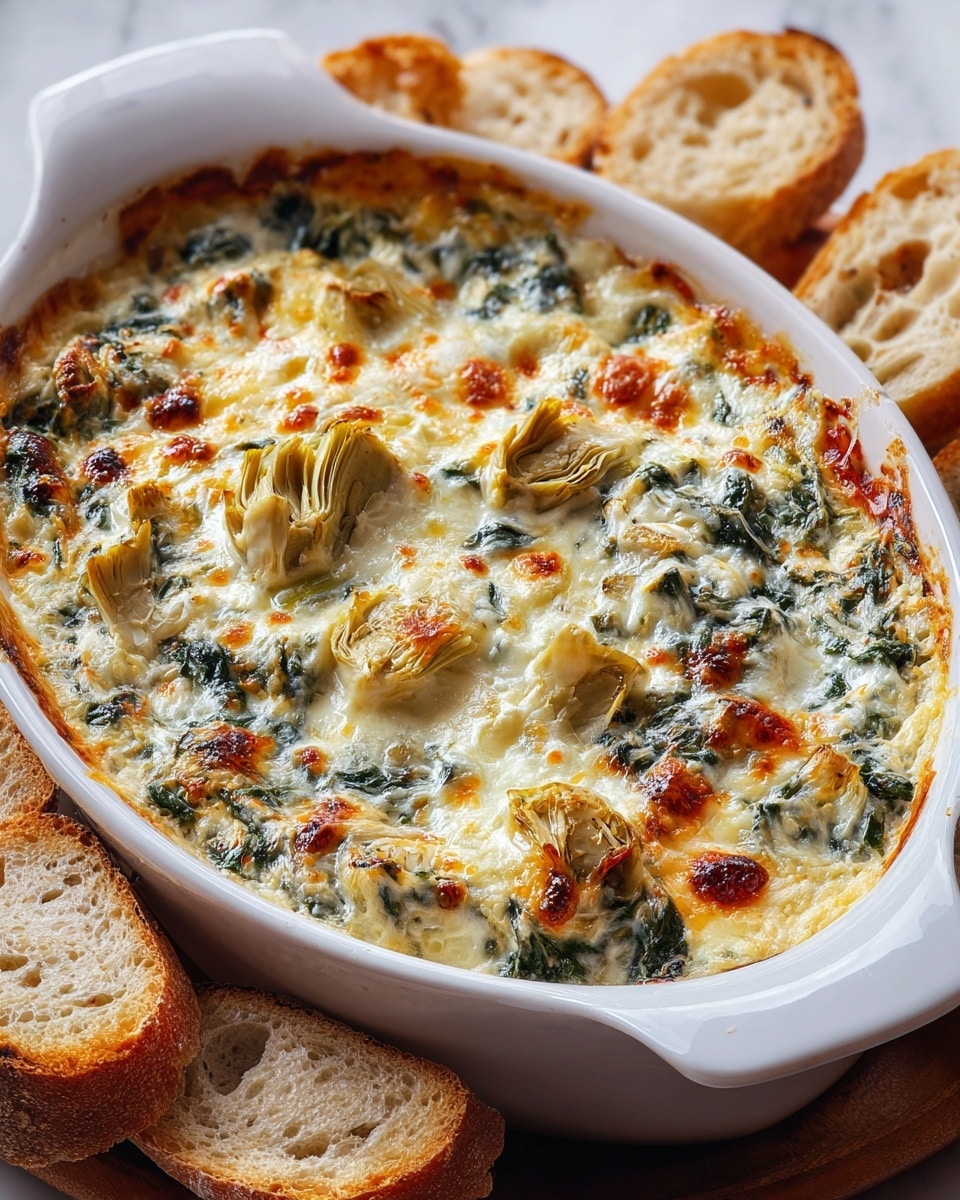 The image shows a white oval dish filled with a baked creamy casserole topped with melted golden-brown cheese that has a bubbly, slightly crispy texture. Visible layers include chopped artichoke hearts scattered on the surface, dark green spinach mixed throughout, and a creamy white sauce base. The edges of the dish show browned cheese that has caramelized slightly, adding texture and color contrast. Around the dish, pieces of sliced rustic bread with a light crust and airy crumb are placed. The dish is set on a white marbled surface, highlighting the warm tones of the casserole. Photo taken with an iphone --ar 4:5 --v 7