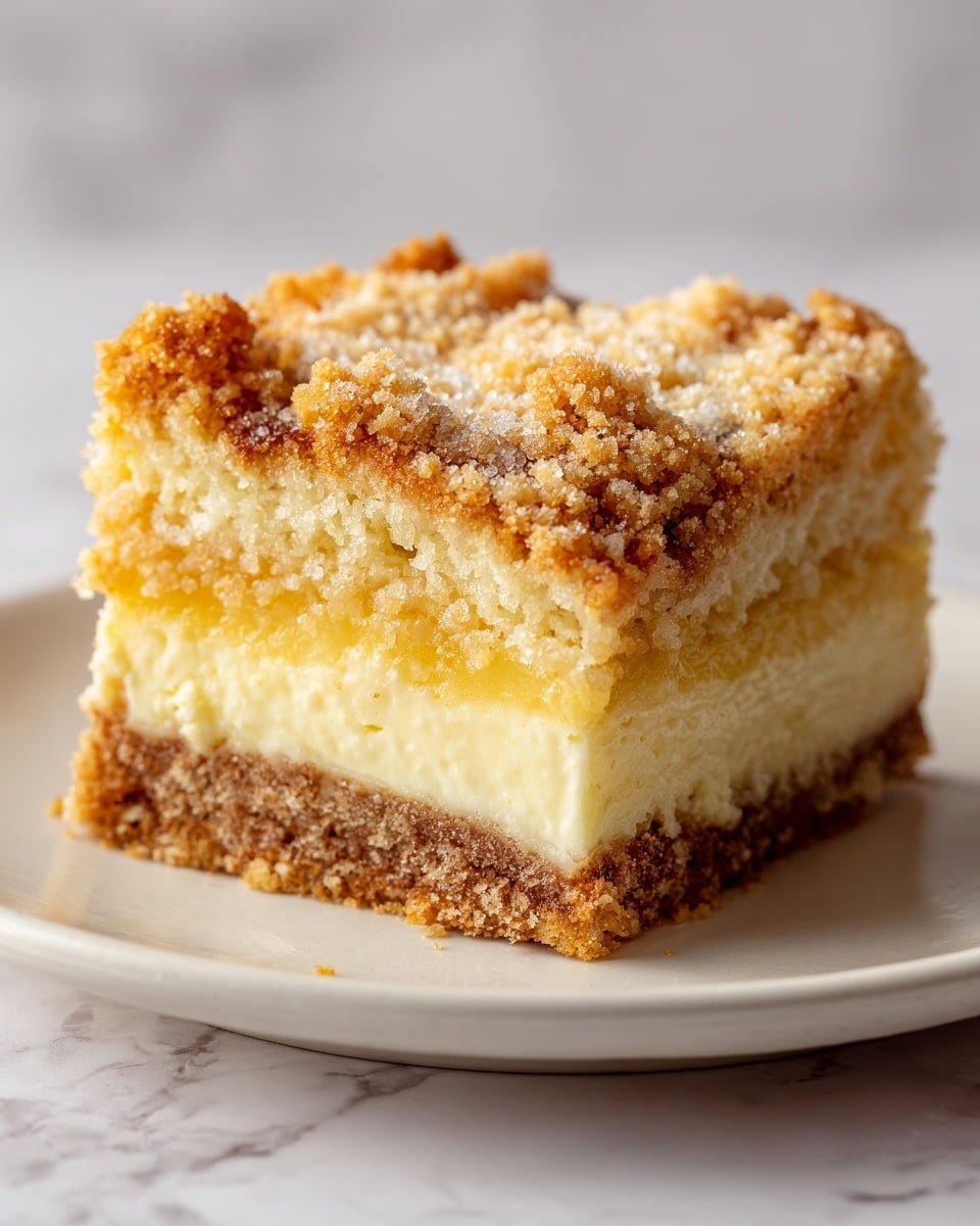 A close-up image of a square piece of dessert with three visible layers. The bottom layer is a light brown, crumbly base. The middle layer is creamy and pale yellow with a smooth texture. The top layer is golden brown and crunchy, with a slightly cracked surface sprinkled with granulated sugar. The cake piece is placed on a simple white plate against a white marbled textured background. Photo taken with an iphone --ar 4:5 --v 7