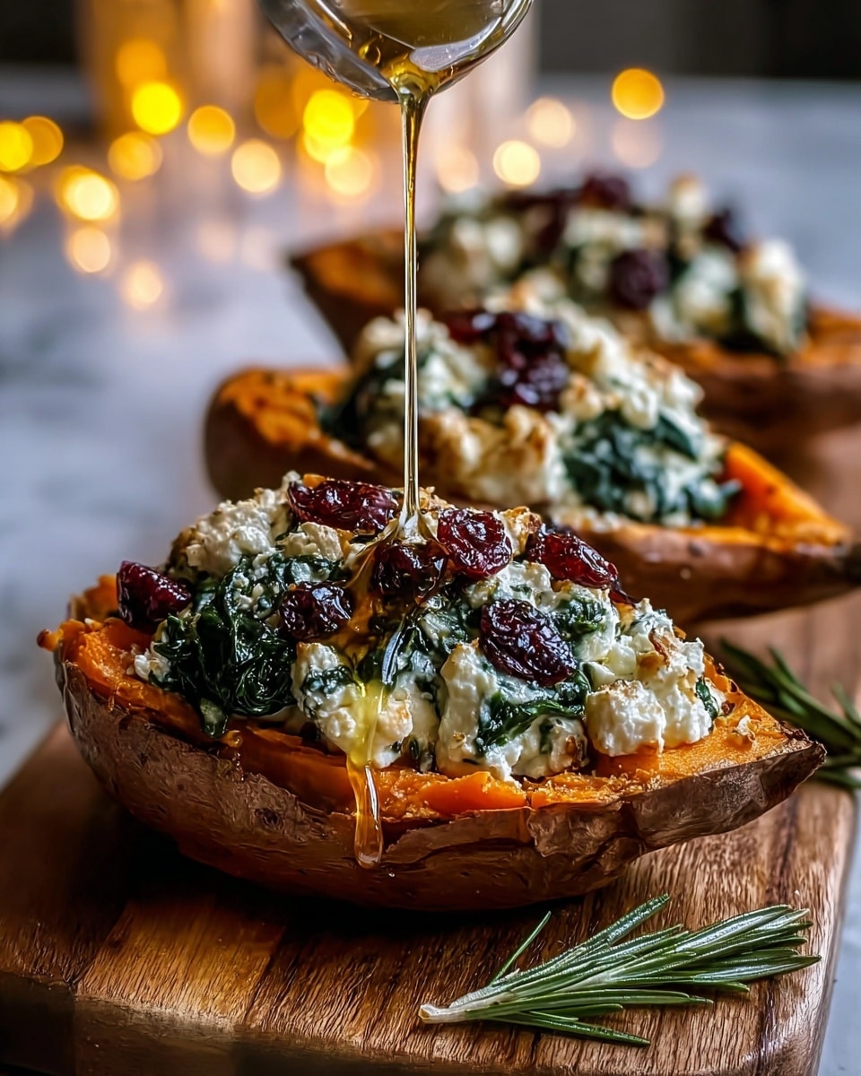 The image shows three halves of roasted sweet potatoes arranged in a row on a wooden board, each filled with a creamy mixture of white cheese and cooked dark green spinach as the first layer. On top of this layer, there are small, dark red dried cranberries scattered evenly. A golden syrup or honey is being poured over the front sweet potato, adding a shiny glaze. The sweet potato skin is visible, dark brown and slightly charred, while the orange flesh looks soft and cooked. A rosemary sprig lies next to the sweet potatoes on the wooden board. The background is softly blurred with warm lights, and the setting is on a white marbled surface. Photo taken with an iphone --ar 4:5 --v 7