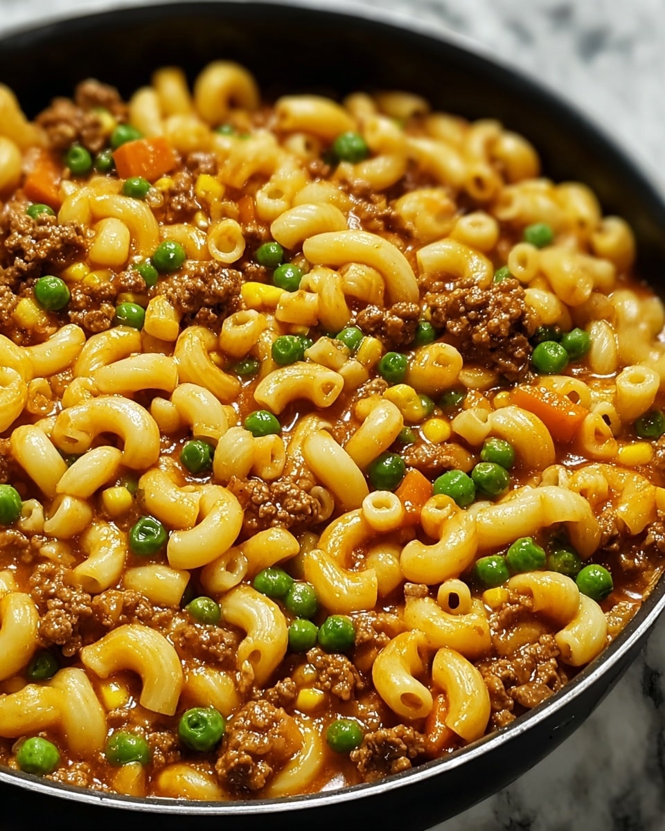 A close-up view of a cooked macaroni dish in a black pan filled with three main layers mixed together: soft pale yellow macaroni pasta curved into small tubes, bright yellow corn kernels, and small green peas scattered evenly, all combined with browned ground beef pieces coated in a shiny, thick orange-brown sauce. The textures show the pasta’s smoothness, meat’s crumbles, and the veggies’ firmness, creating a colorful, hearty appearance over a white marbled surface. photo taken with an iphone --ar 4:5 --v 7