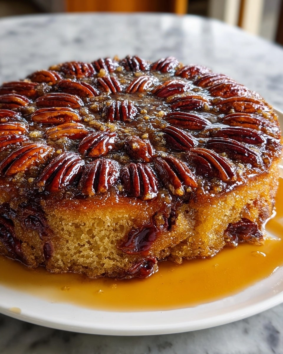 A round upside-down cake is shown with a single thick layer. The top layer consists of glossy, dark brown pecan halves arranged neatly in circular rows. Below this shiny layer, a golden-brown cake layer with a soft and moist texture is visible. The cake sits on a white plate, with a syrupy glaze gently pooling around the base, adding a sticky and rich look. The background shows a soft, white marbled texture. photo taken with an iphone --ar 4:5 --v 7