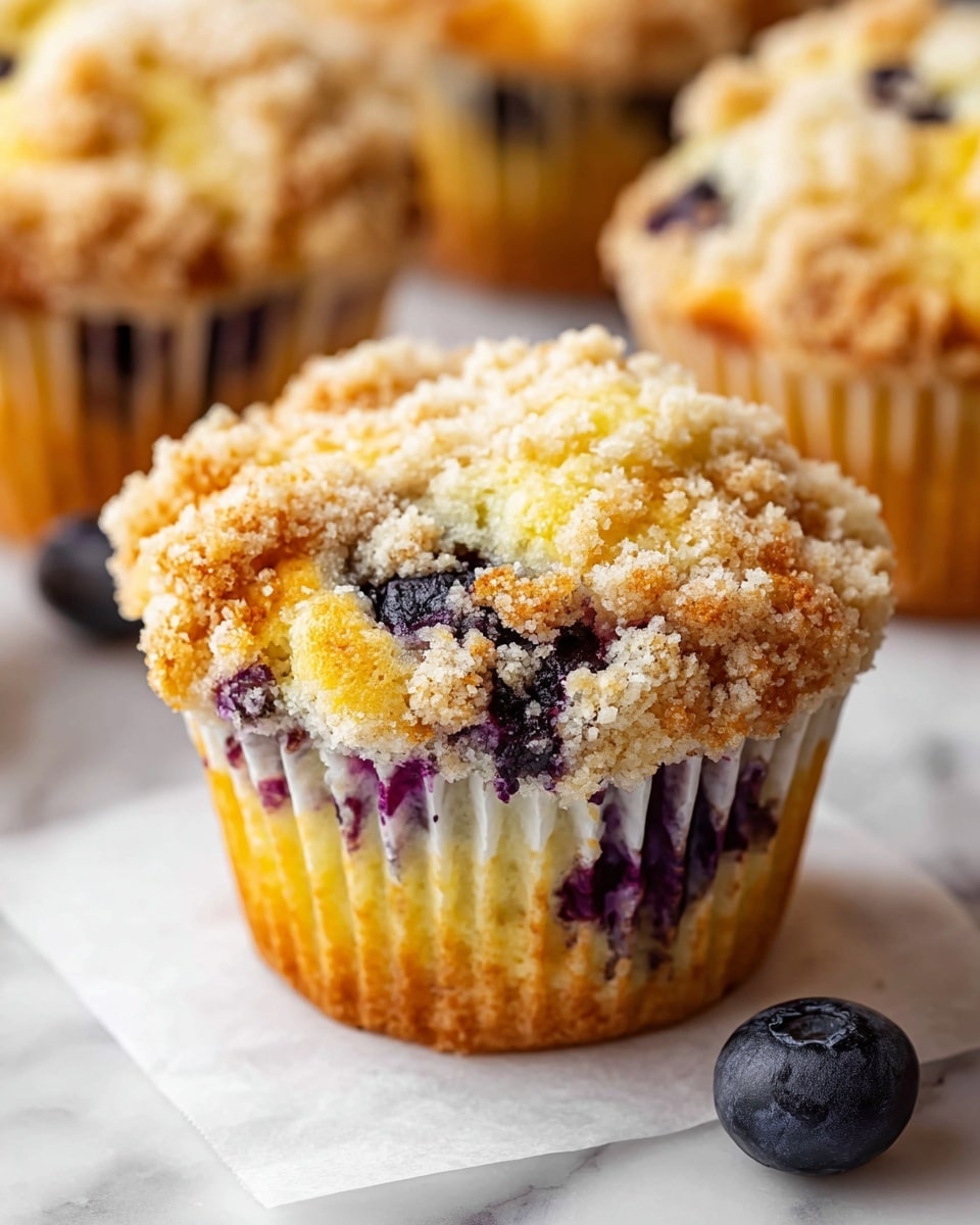 A close-up view of a blueberry muffin with three main layers: the bottom paper liner is white with hints of purple from the blueberry juice, the middle cake layer is light golden yellow with visible soft texture, and the top is a crumbly beige streusel topping with a slightly browned surface. The muffin shows blueberry filling that seeps into the cake, creating dark purple-blue spots. The muffin sits on white parchment paper on a white marbled surface, with other similar muffins blurred in the background and a single fresh blueberry in the front. photo taken with an iphone --ar 4:5 --v 7