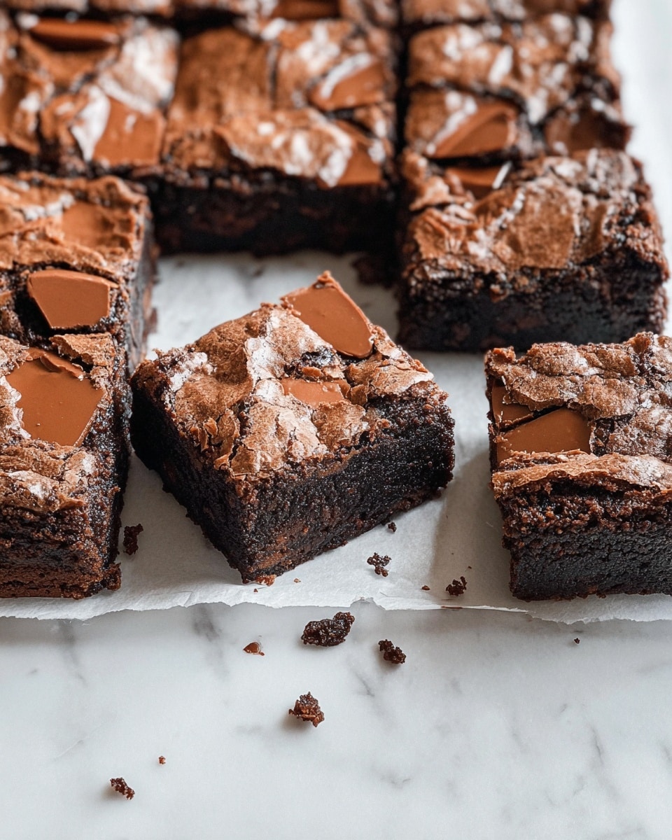 A batch of brownies cut into square pieces rests on white parchment paper over a white marbled surface, showing a dark brown top with a shiny, cracked texture and lighter brown chocolate chunks embedded on the surface. One brownie piece is standing on its side, revealing a thick, dense, and moist dark brown interior. Two other squares are slightly separated from the main group, showing their edges and a moist crumb. There are some small crumbs scattered around the brownies. photo taken with an iphone --ar 4:5 --v 7