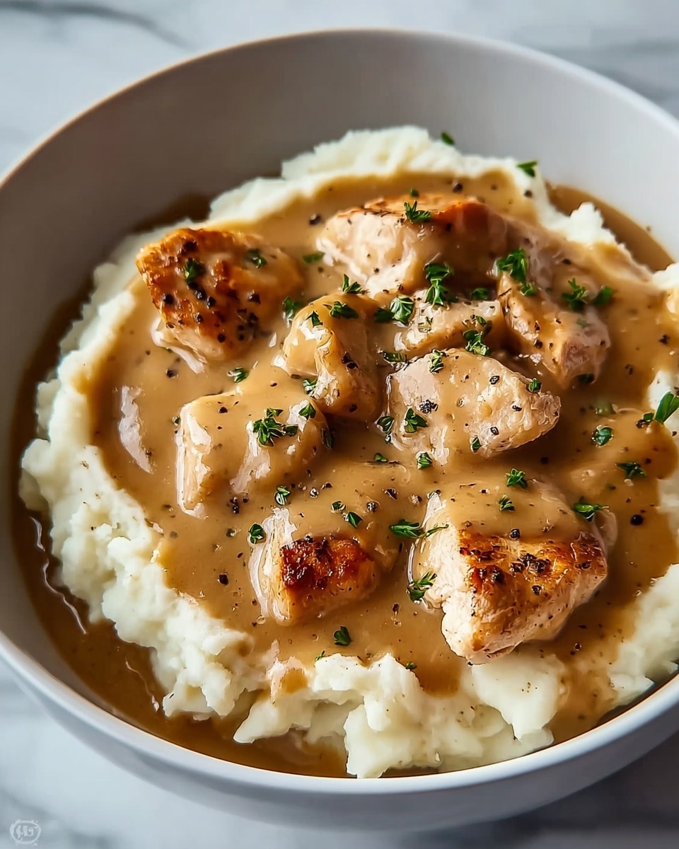The dish shows a layer of creamy white mashed potatoes with a smooth, slightly fluffy texture, filling the base of a white bowl. On top, there are browned, seared chicken pieces with a light golden crust visible on some edges. The chicken is covered by a thick, glossy brown gravy with a creamy texture and specks of black pepper. Small green herb pieces are sprinkled on top for color contrast. The bowl is placed on a white marbled surface. photo taken with an iphone --ar 4:5 --v 7