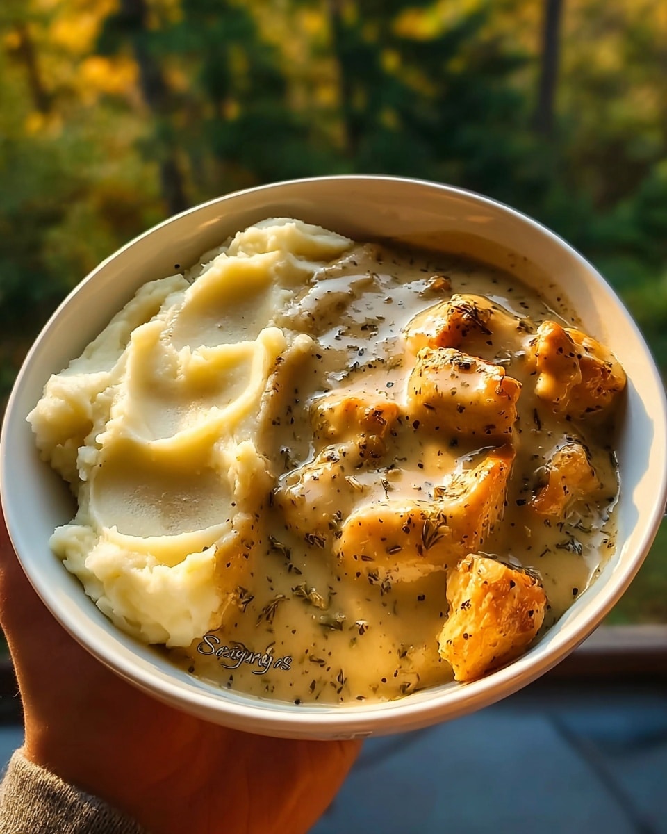 The image shows a bowl with two layers: on the right side, there is a smooth, creamy white layer of mashed potatoes with soft peaks, and on the left side, there are golden-brown pieces of chicken covered in a creamy beige gravy with visible specks of black pepper and herbs, giving a rich texture. The bowl is white and is held by a woman's hand, the background is a soft, blurred green outside view, and the overall lighting is warm with natural light highlighting the food's textures. Photo taken with an iphone --ar 4:5 --v 7
