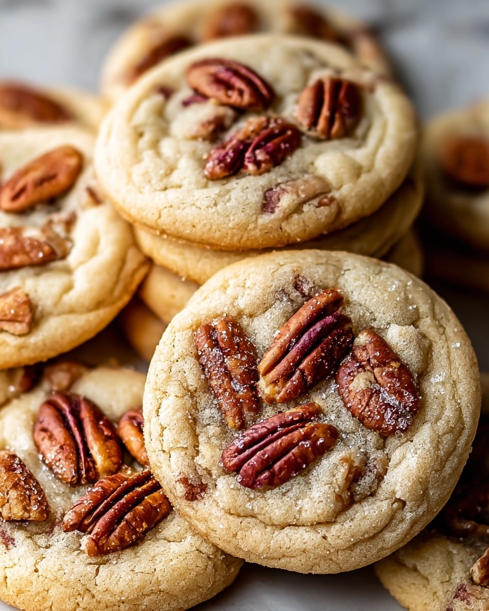 A close-up image shows several soft, round cookies stacked on a white marbled surface. Each cookie has a light golden brown color with a slightly crisp edge and a soft, chewy texture inside. On top of each cookie are several pieces of whole and chopped pecans, with a rich reddish-brown color and a glossy finish, scattered evenly across the cookie surface. The cookies have subtle cracks and a sugar-dusted look that adds a touch of sparkle to them. Photo taken with an iphone --ar 4:5 --v 7