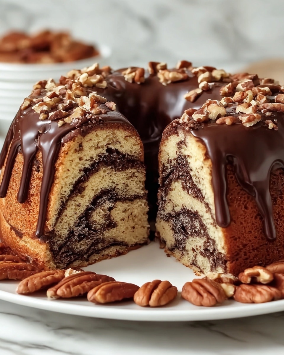 A round marble cake with three visible layers inside, each layer showing a mix of light beige and dark brown swirls, creating a marbled effect with a soft, crumbly texture. The top of the cake is covered with a thick, shiny dark chocolate glaze that drips down the sides unevenly. The cake is placed on a white plate surrounded by whole pecan nuts and walnut pieces arranged around the base. The background is a white marbled texture. photo taken with an iphone --ar 4:5 --v 7