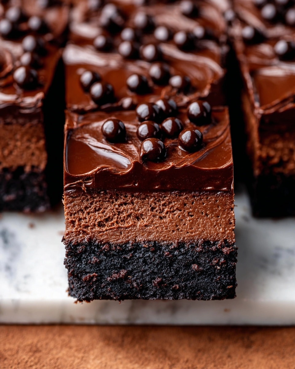 A close-up view of a rich chocolate dessert with three distinct layers: the bottom layer is dark and dense with a slightly crumbly texture, the middle layer is a thicker, matte chocolate mousse-like layer, and the top layer is a glossy chocolate ganache smooth and shiny with small round chocolate balls scattered on top and around it. The slice is resting on more chocolate ganache topped evenly with the same chocolate balls. The background is a white marbled texture. photo taken with an iphone --ar 4:5 --v 7