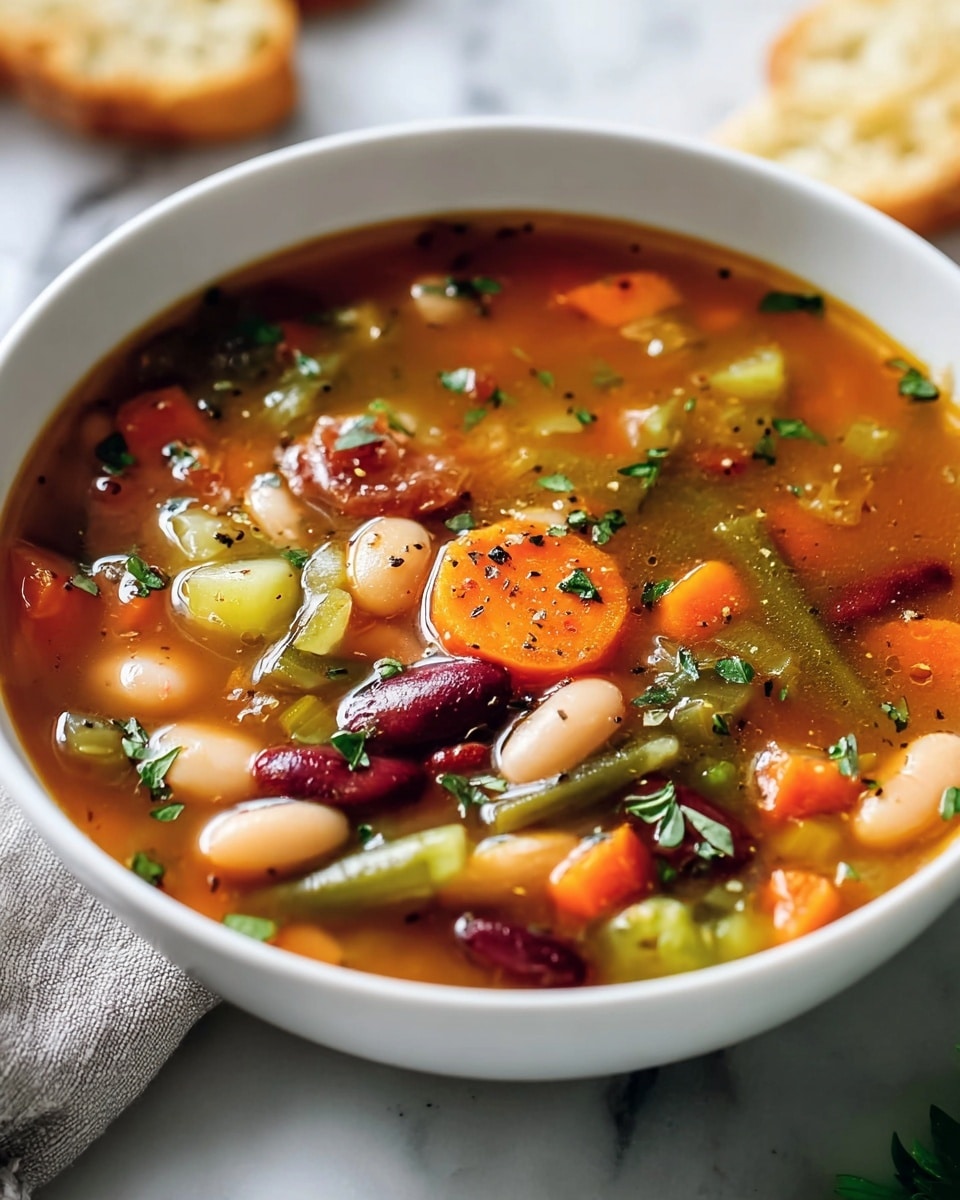 A white bowl filled with a colorful vegetable and bean soup, showing about four layers of ingredients. The top layer has small green herb pieces scattered across a clear, orange-brown broth. Below the broth, there are chunks of bright orange carrots, light green celery pieces, dark green beans, white beans, and dark red kidney beans mixed together. The texture looks soft and slightly wet, with some black pepper sprinkled on top. The bowl sits on a white marbled surface with a light gray cloth and some toasted bread pieces visible in the background. Photo taken with an iphone --ar 4:5 --v 7