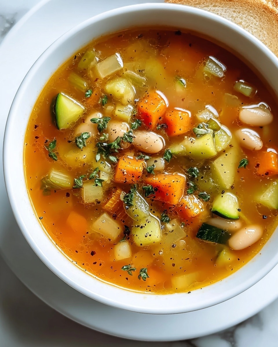The image shows a white bowl filled with a colorful vegetable soup. The soup has a clear orange broth with three visible layers of ingredients: the bottom layer is the broth itself, the middle layer contains diced orange carrots and green celery pieces, and the top layer includes white beans, small green zucchini chunks, and bits of fresh green herbs sprinkled over all. There are also small black pepper specks on the soup's surface. The bowl is placed on a white plate, all set on a white marbled surface. Photo taken with an iphone --ar 4:5 --v 7