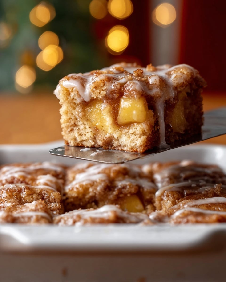 A close-up view of a thick square piece of apple cinnamon cake being lifted with a metal spatula from a white baking dish. The cake has two main layers: a golden-brown base with visible chunks of yellow apple inside, and a slightly darker cinnamon-speckled crumbly top layer. Sweet white glaze drips shiny over both layers, enhancing the moist texture. The background shows more squares of the same cake in the dish, placed on a white marbled surface, with warm soft light and blurred round lights in the distance, giving a cozy feeling. photo taken with an iphone --ar 4:5 --v 7
