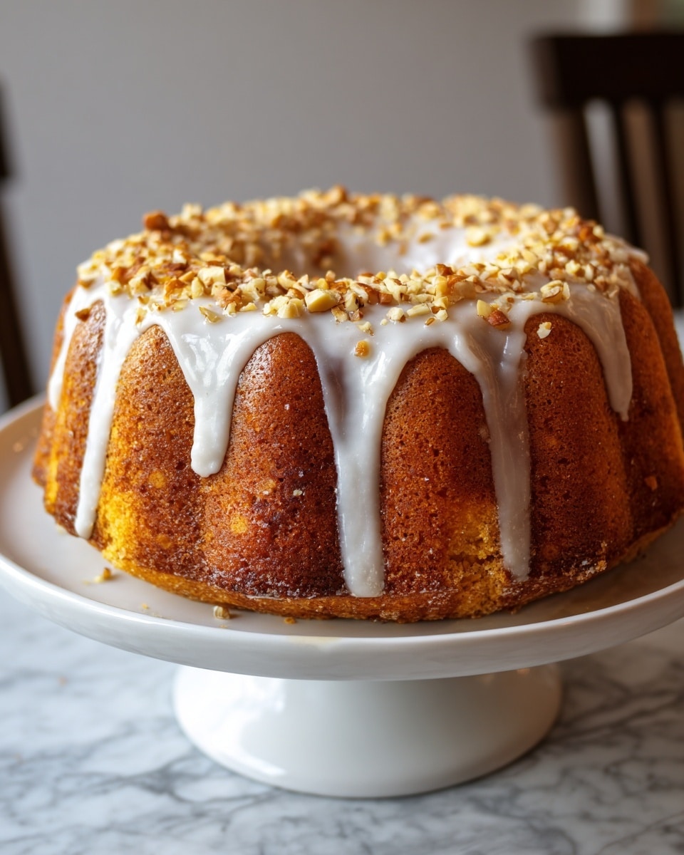 The image shows a moist, ring-shaped bundt cake with a golden brown crust sitting on a white cake stand. The cake has a thick layer of smooth white glaze dripping down its sides, creating a shiny texture. On top, there is a generous sprinkle of chopped nuts, which add a crunchy texture and contrast with the glossy glaze. The background features a white marbled surface, making the warm colors of the cake stand out. photo taken with an iphone --ar 4:5 --v 7