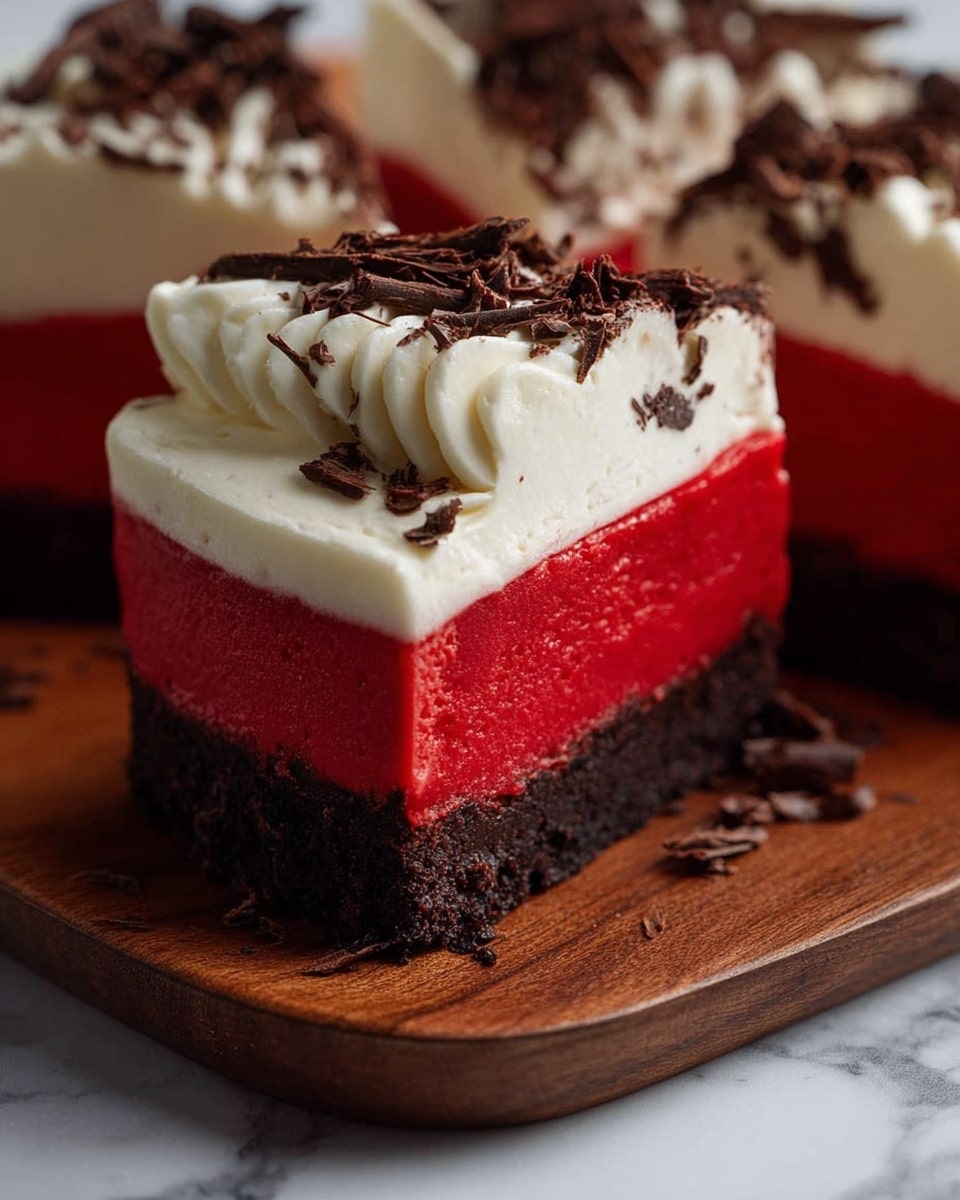 A close-up image of a three-layered dessert slice resting on a wooden board. The bottom layer is a dark, rich chocolate crust with a crumbly texture. Above that, the thick middle layer is a smooth, bright red cheesecake-like filling with sharp, clean edges. The top layer is a thick swirl of white cream, decorated with dark chocolate shavings scattered on top and around the edges. The background is a white marbled texture. photo taken with an iphone --ar 4:5 --v 7