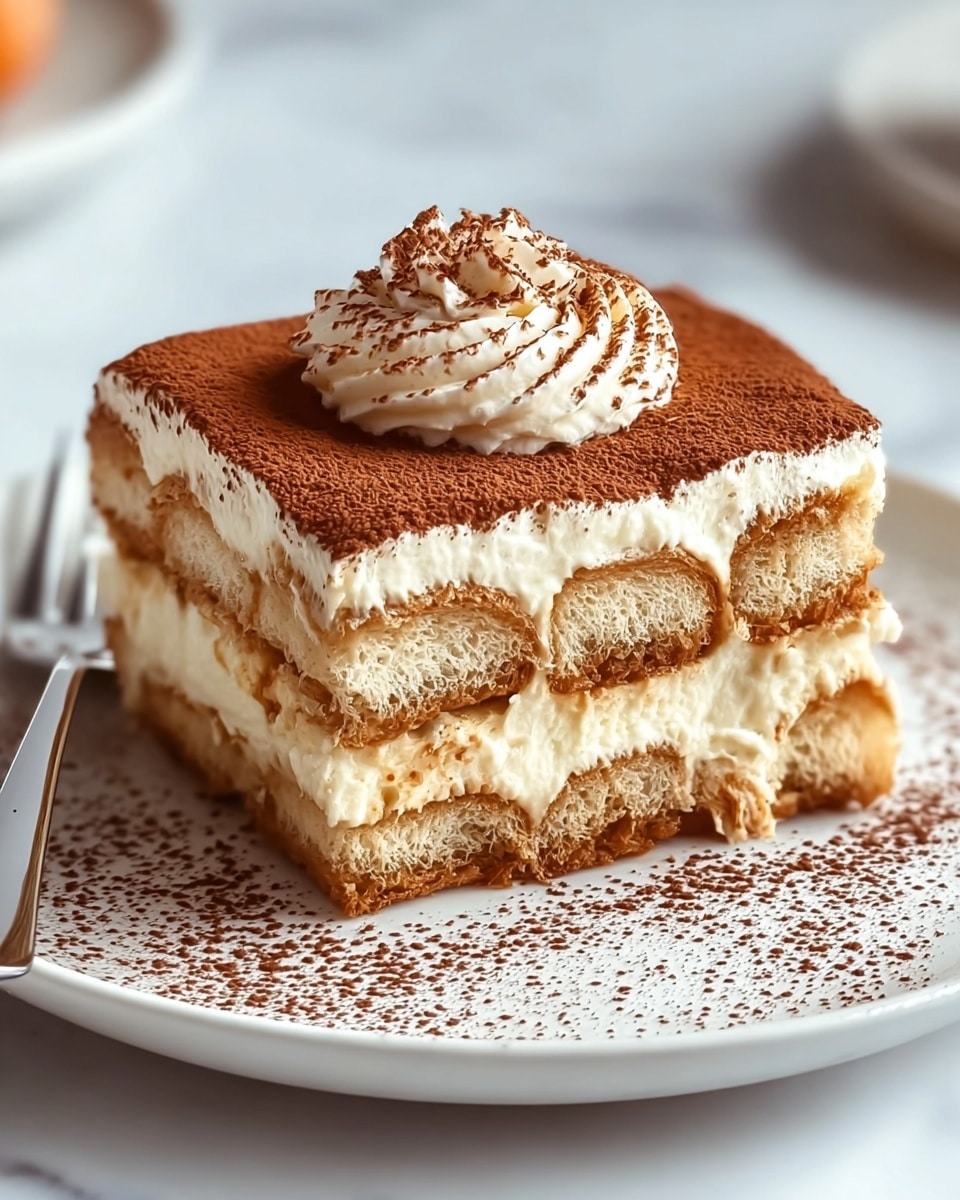 A square slice of tiramisu is placed on a white plate with a white marbled texture background. The dessert has three visible layers of light brown soaked ladyfinger biscuits, separated by two creamy white mascarpone layers. The top layer is fully covered with a fine dusting of cocoa powder, and a dollop of whipped cream with cocoa dust on top decorates the center. There is cocoa powder sprinkled around the base on the plate, and a silver fork is partially visible on the left side of the plate. Photo taken with an iphone --ar 4:5 --v 7