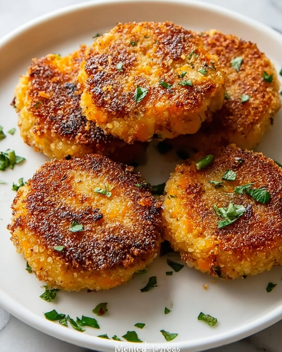 The image shows four small, round, golden-brown patties with a crispy, textured surface scattered with small bits of green herbs. Each patty is slightly thick and has a rough, crumbly texture around the edges, showing a soft and slightly moist interior with bits of orange visible inside. The patties are placed on a white plate, which sits on a white marbled surface. Small green herb pieces are scattered around the patties, adding a fresh touch. Photo taken with an iphone --ar 4:5 --v 7