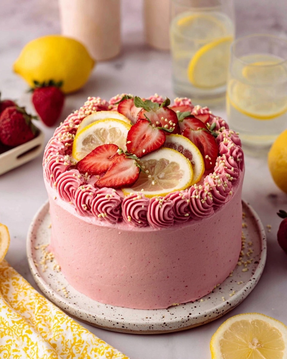 A round pink frosted cake sits on a white plate with rustic speckles. The cake has smooth, vibrant pink frosting covering the sides and top, with a thick, decorative piped border around the top edge in the same pink frosting. The center is topped with fresh strawberry slices and lemon wedges layered casually, sprinkled with tiny white seeds. The cake is placed on a white marbled background with whole strawberries, lemons, glasses of light drink, and a yellow-patterned cloth visible around it. photo taken with an iphone --ar 4:5 --v 7