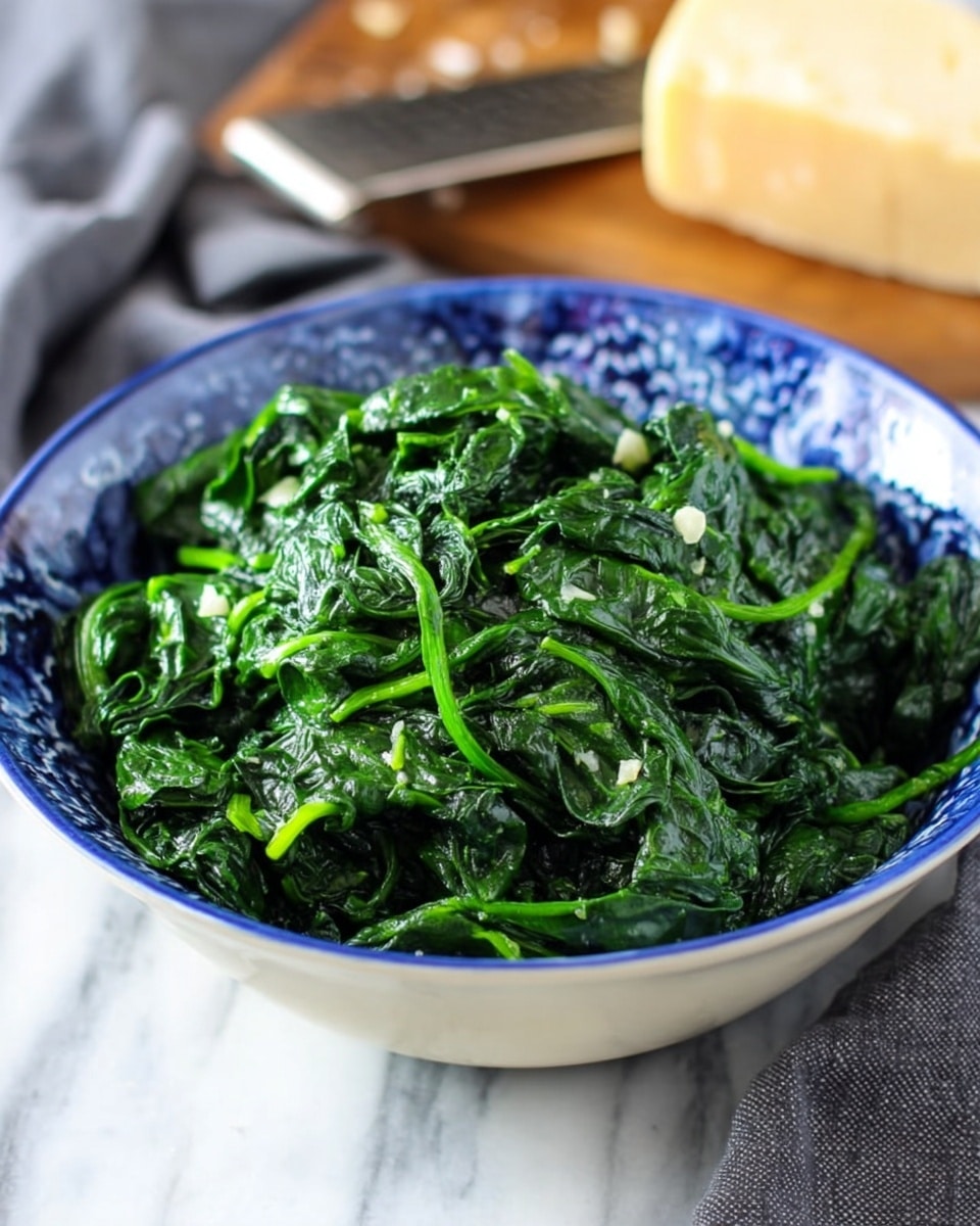 The image shows a white bowl filled with cooked spinach, the spinach leaves are dark green, soft, and shiny with small bits of white garlic pieces visible throughout. The spinach forms one thick, leafy layer that fills the bowl almost to the top. The bowl itself has a blue pattern on the outside and is placed on a white marbled surface, with a blurred chunk of cheese and a gray cloth napkin in the background. Photo taken with an iphone --ar 4:5 --v 7