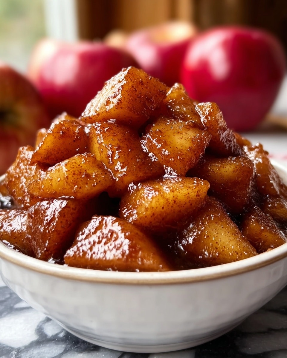 A close-up of a white bowl filled with cooked apple chunks coated in a shiny, dark brown cinnamon glaze, showing a textured mix of soft, tender pieces stacked high. The apple pieces vary in shape but are mostly triangular, with a glossy surface sprinkled with fine cinnamon specks, giving a warm and sticky look. In the blurred background, there are red apples, and the setting rests on a white marbled texture. photo taken with an iphone --ar 4:5 --v 7